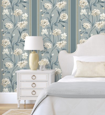 Papel pintado clásico de peonías y rayas fondo azul acero Briseida Serenity 684257