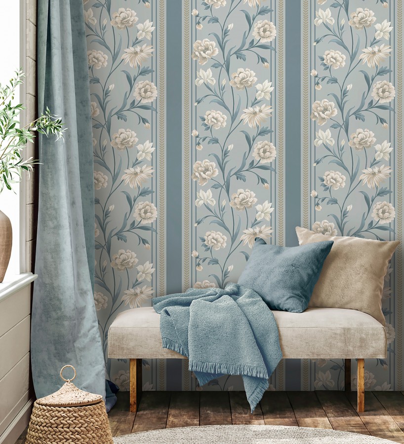 Papel pintado clásico de peonías y rayas fondo azul acero  Briseida Serenity 684257
