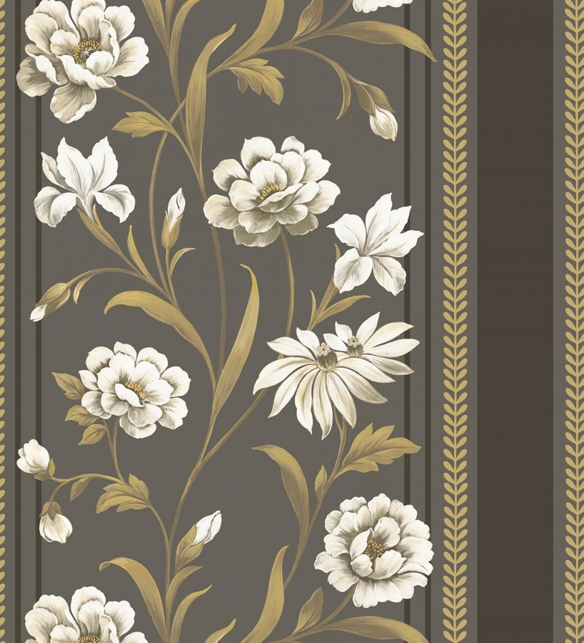 Papel pintado clásico de peonías y rayas fondo color chocolate  Briseida Serenity 684258