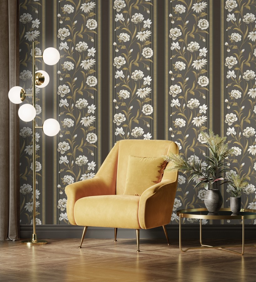 Papel pintado clásico de peonías y rayas fondo color chocolate  Briseida Serenity 684258
