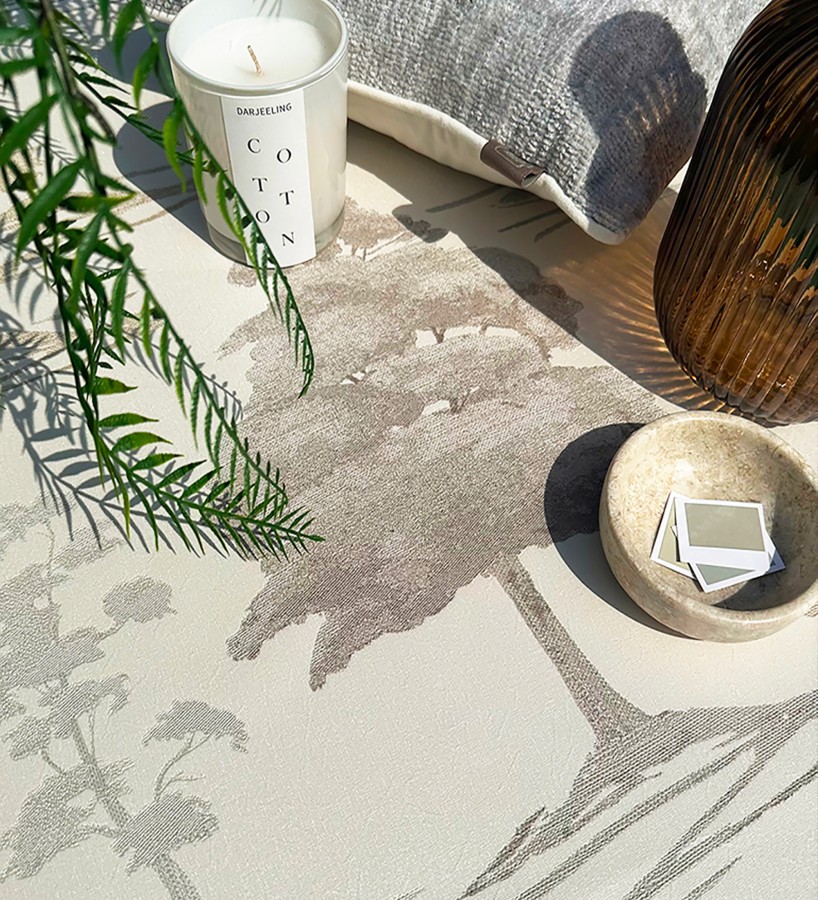 Papel pintado de árboles con textura textil bordada en relieve  Fuji Horizon 684259