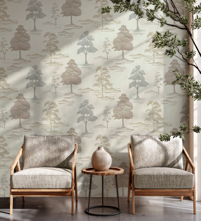Papel pintado de árboles con textura textil bordada en relieve  Fuji Horizon 684259