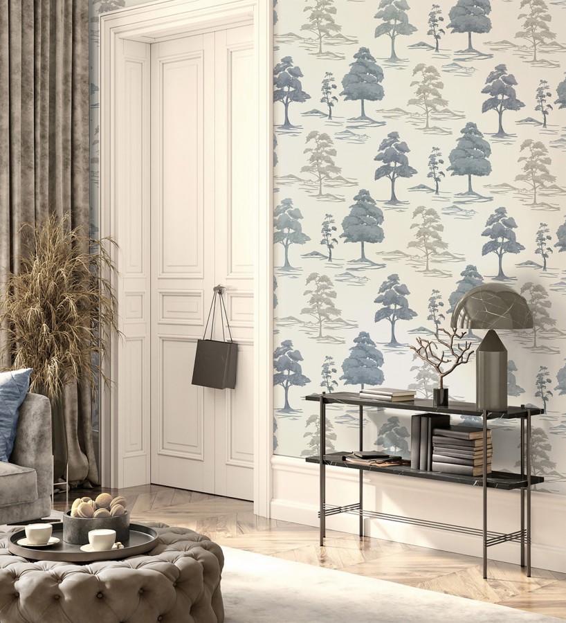 Papel pintado de árboles con textura textil bordada en relieve  Fuji Horizon 684260
