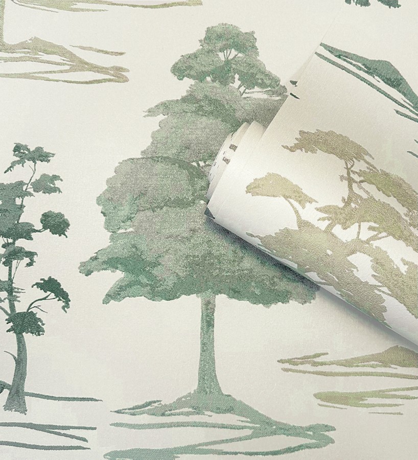 Papel pintado de árboles con textura textil bordada en relieve  Fuji Horizon 684261