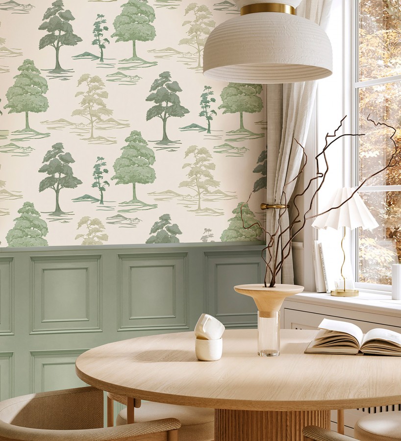 Papel pintado de árboles con textura textil bordada en relieve  Fuji Horizon 684261