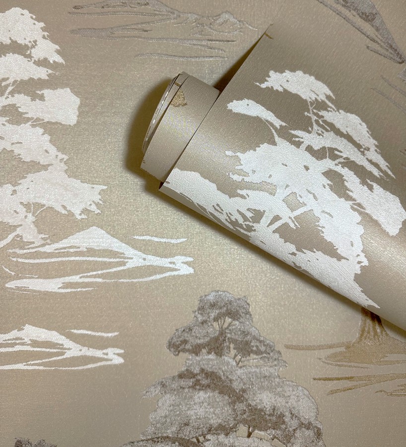 Papel pintado de árboles con textura textil bordada en relieve  Fuji Horizon 684262