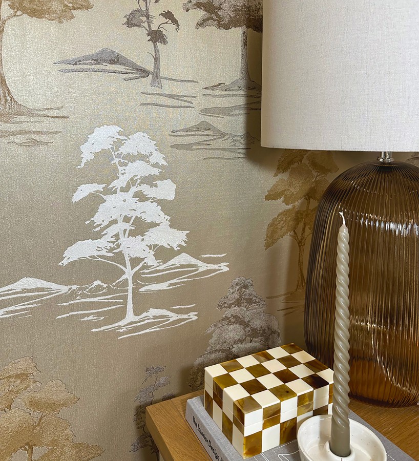 Papel pintado de árboles con textura textil bordada en relieve  Fuji Horizon 684262