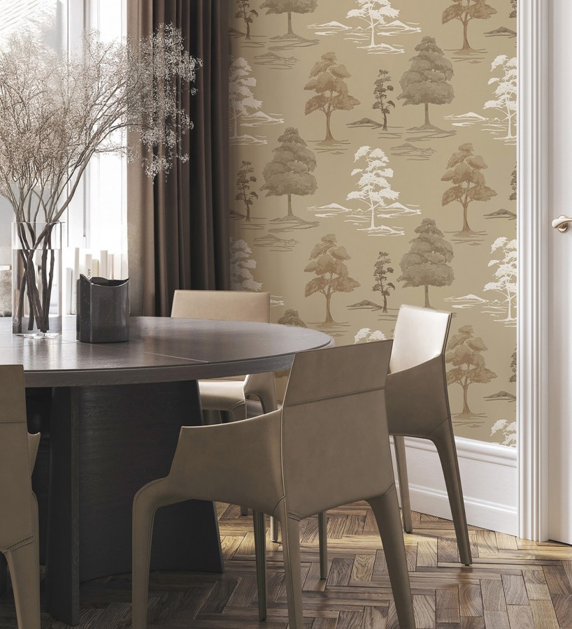 Papel pintado de árboles con textura textil bordada en relieve  Fuji Horizon 684262