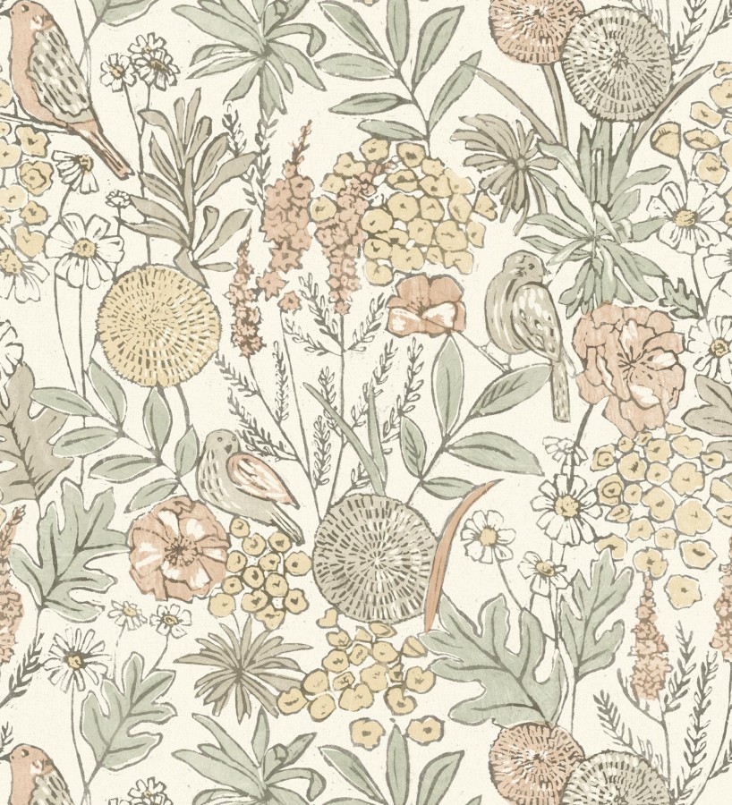 Papel pintado de flores y pájaros colores pastel estilo English country  Mila Aviary 684263