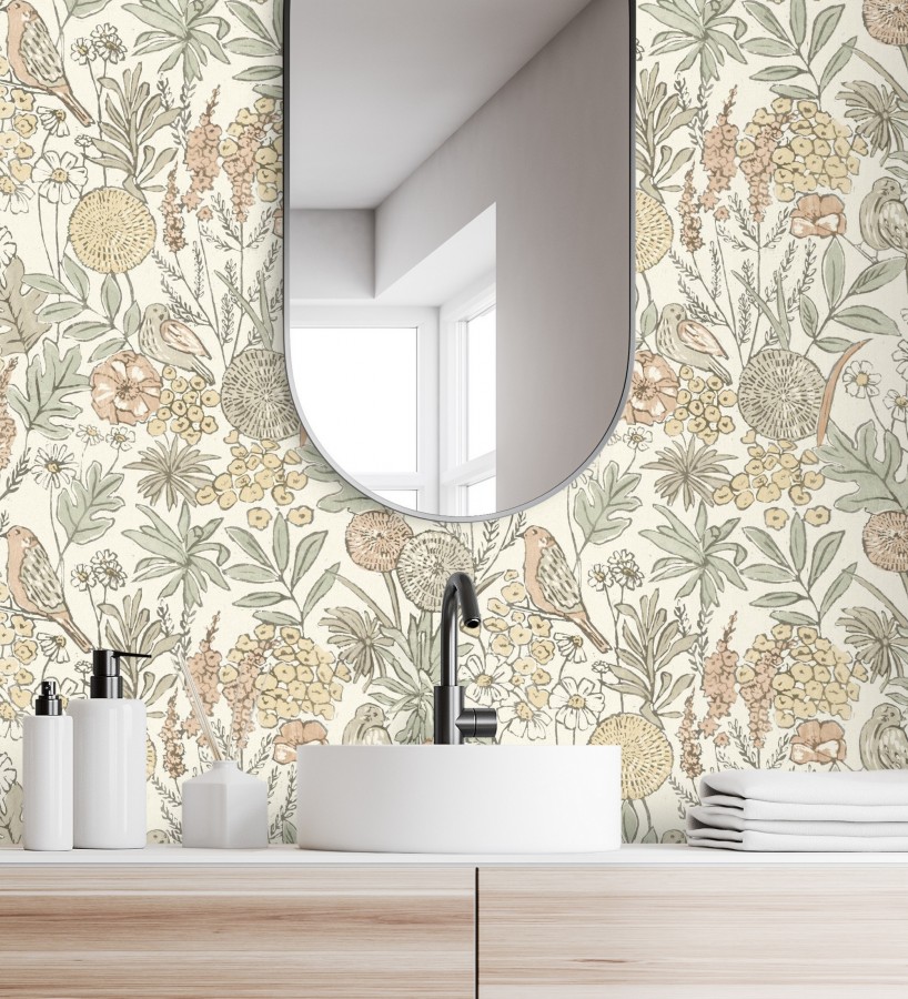 Papel pintado de flores y pájaros colores pastel estilo English country  Mila Aviary 684263