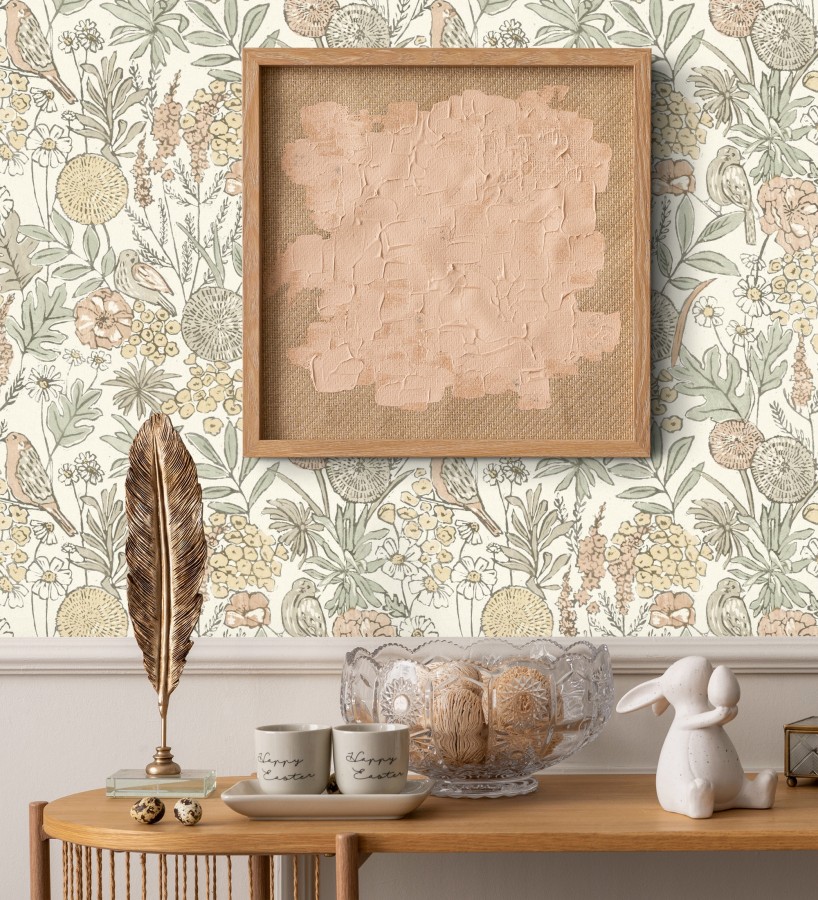 Papel pintado de flores y pájaros colores pastel estilo English country  Mila Aviary 684263