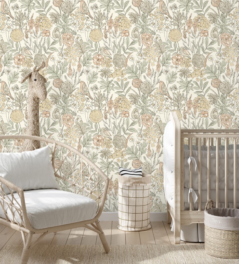 Papel pintado de flores y pájaros colores pastel estilo English country  Mila Aviary 684263