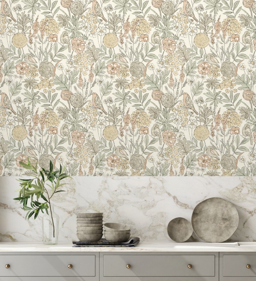 Papel pintado de flores y pájaros colores pastel estilo English country  Mila Aviary 684263