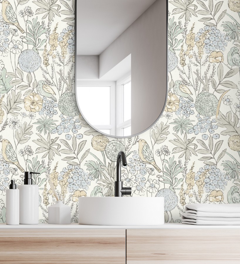 Papel pintado de flores y pájaros colores pastel estilo English country  Mila Aviary 684264