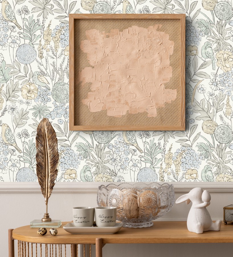 Papel pintado de flores y pájaros colores pastel estilo English country  Mila Aviary 684264