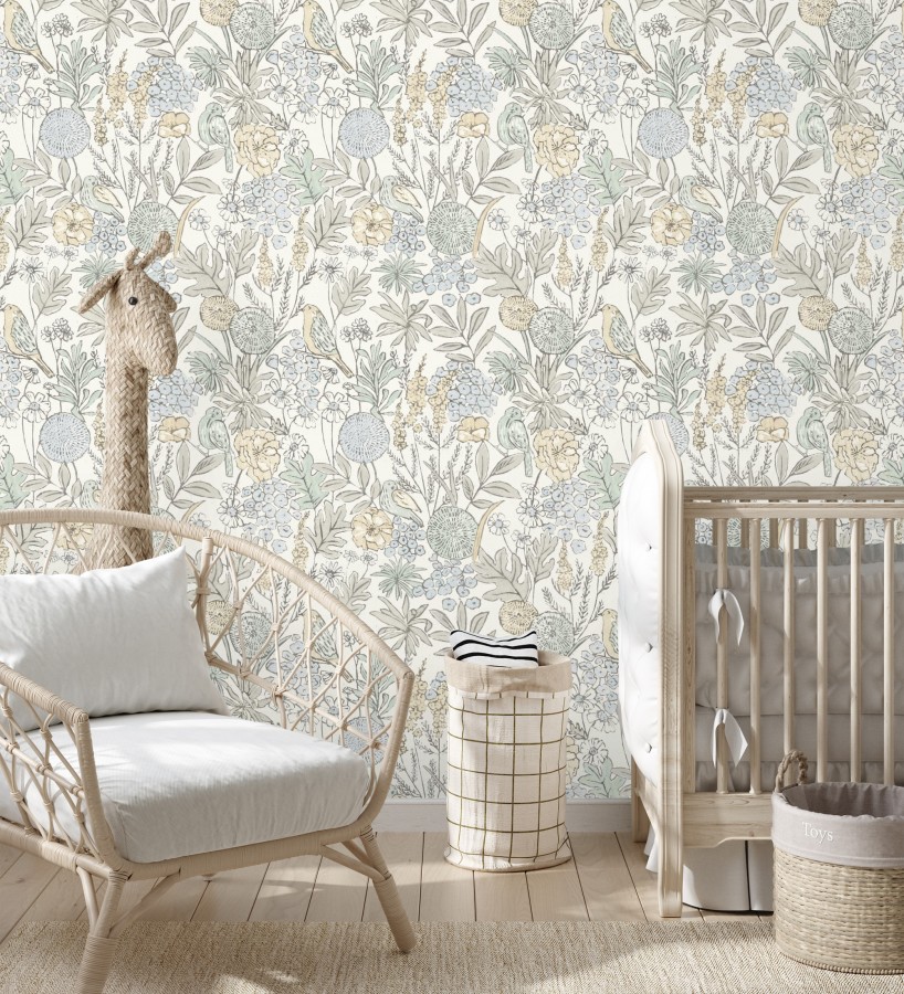 Papel pintado de flores y pájaros colores pastel estilo English country  Mila Aviary 684264