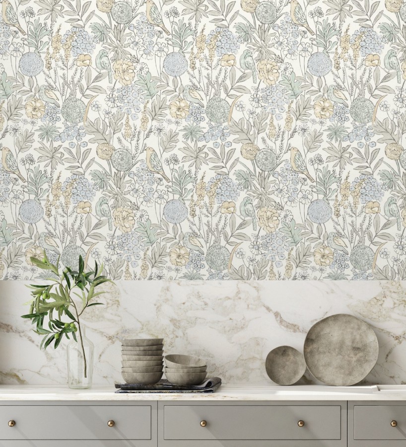 Papel pintado de flores y pájaros colores pastel estilo English country  Mila Aviary 684264