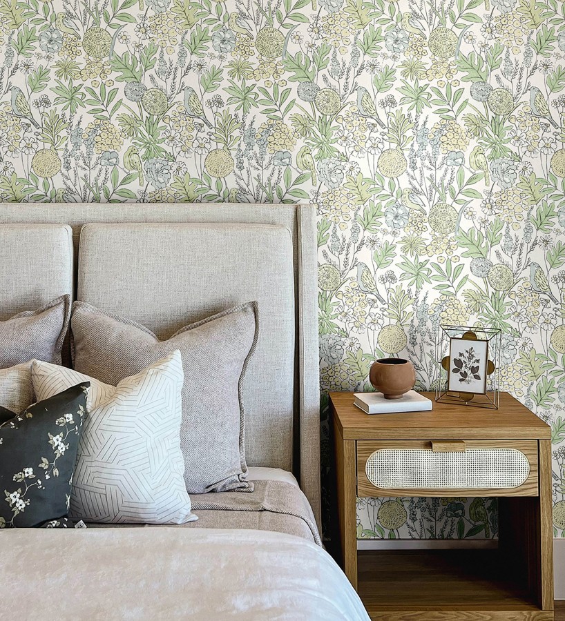 Papel pintado de flores y pájaros colores pastel estilo English country  Mila Aviary 684265