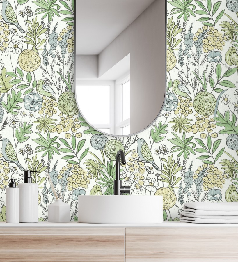 Papel pintado de flores y pájaros colores pastel estilo English country  Mila Aviary 684265