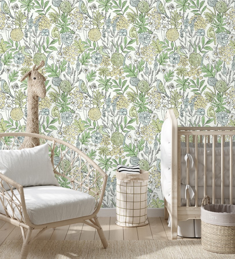Papel pintado de flores y pájaros colores pastel estilo English country  Mila Aviary 684265
