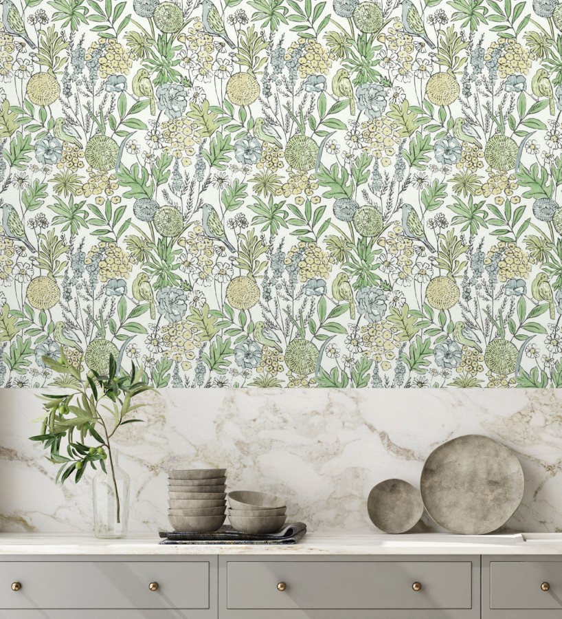 Papel pintado de flores y pájaros colores pastel estilo English country  Mila Aviary 684265
