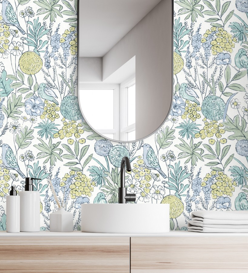Papel pintado de flores y pájaros colores pastel estilo English country  Mila Aviary 684266