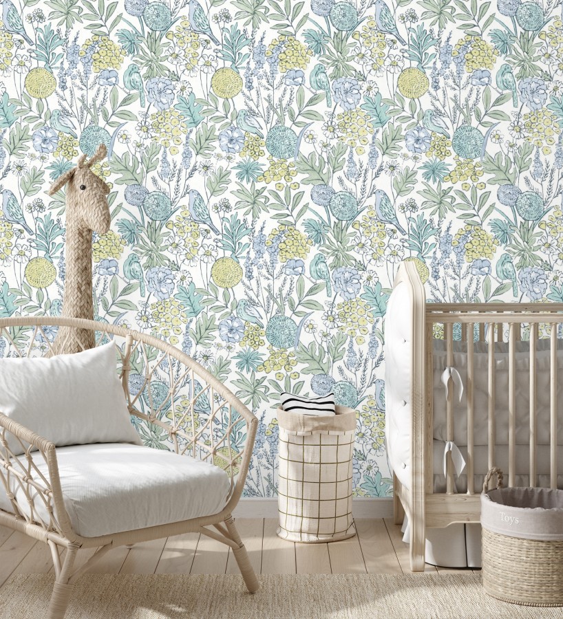 Papel pintado de flores y pájaros colores pastel estilo English country  Mila Aviary 684266