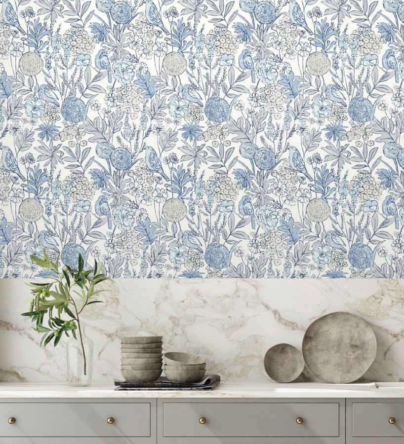 Papel pintado de flores y pájaros colores pastel estilo English country  Mila Aviary 684267