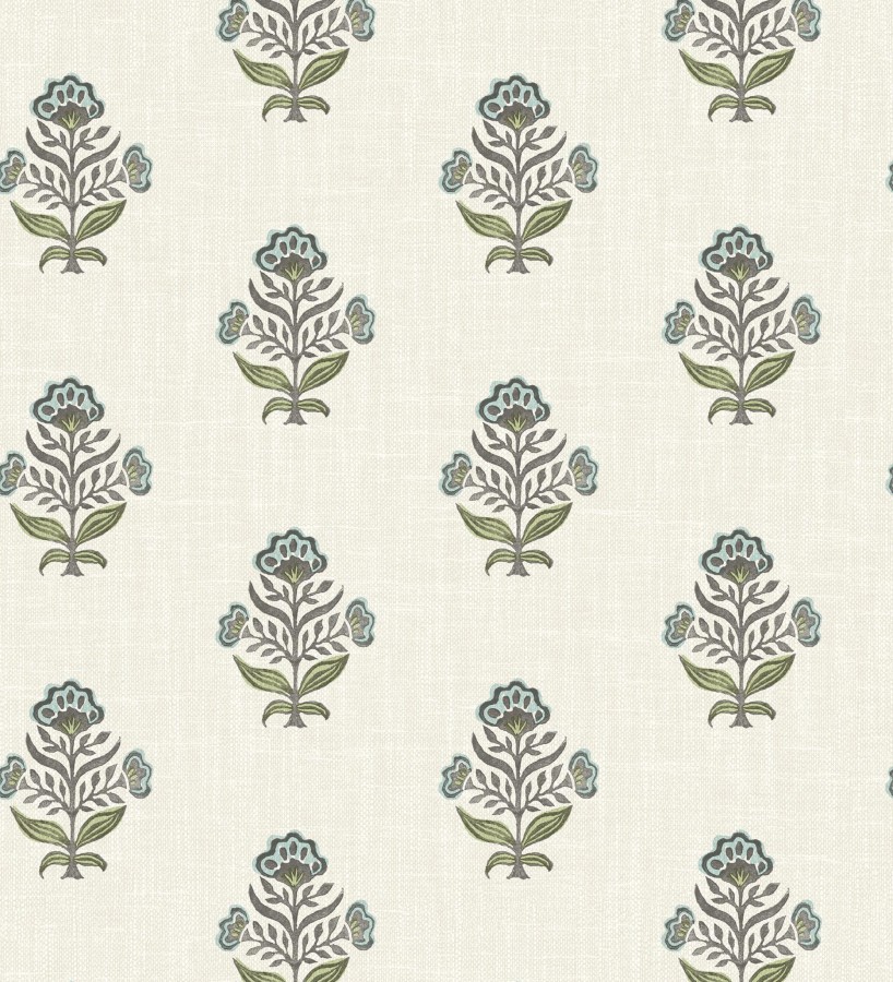 Papel pintado patrón con flores azules fondo lino texturizado  Hawthorne Sprig 684268