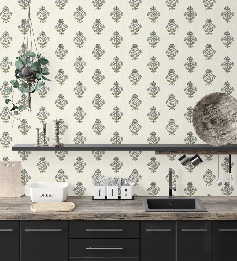 Papel pintado patrón con flores azules fondo lino texturizado  Hawthorne Sprig 684268