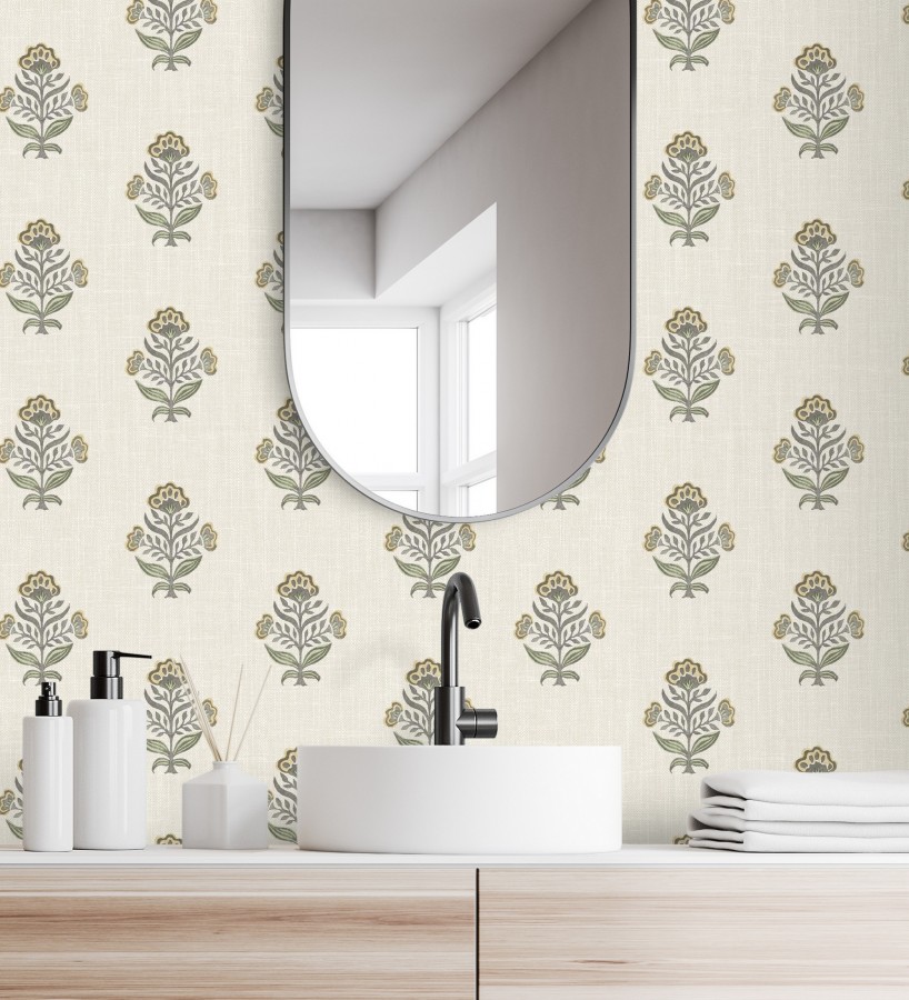 Papel pintado patrón con flores ocres fondo lino texturizado  Hawthorne Sprig 684269