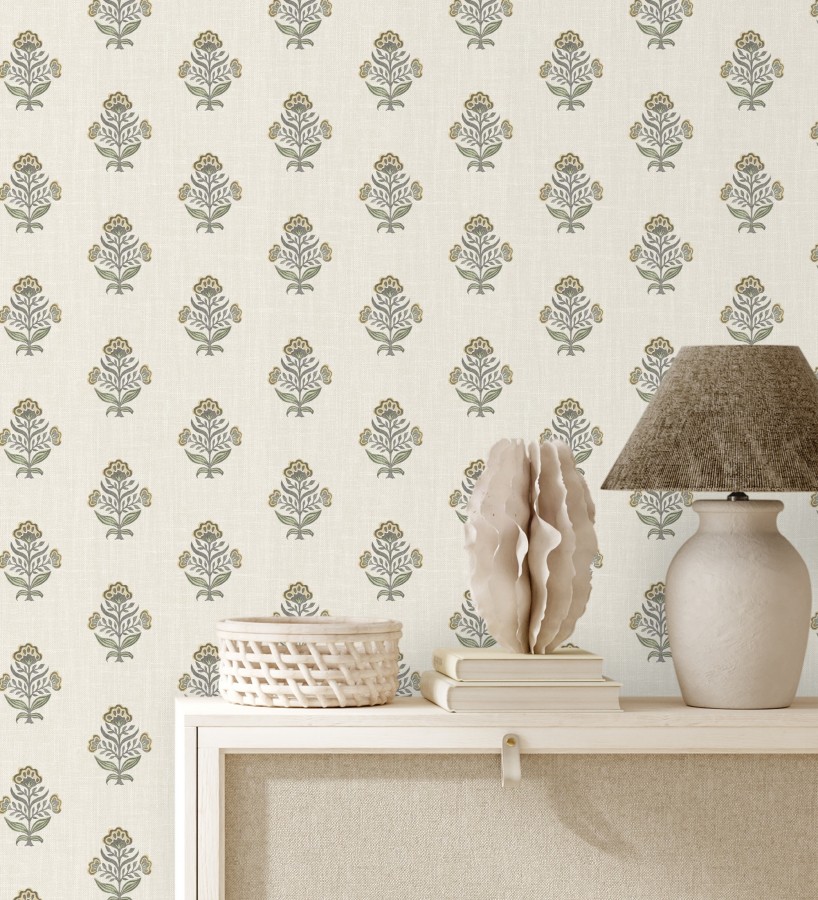 Papel pintado patrón con flores ocres fondo lino texturizado  Hawthorne Sprig 684269