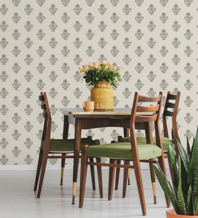 Papel pintado patrón con flores ocres fondo lino texturizado  Hawthorne Sprig 684269