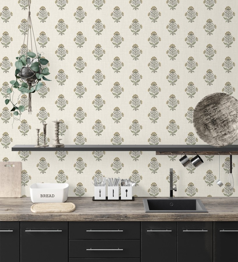 Papel pintado patrón con flores ocres fondo lino texturizado  Hawthorne Sprig 684269