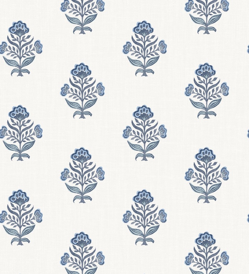 Papel pintado patrón con flores azules fondo lino texturizado blanco  Hawthorne Sprig 684270
