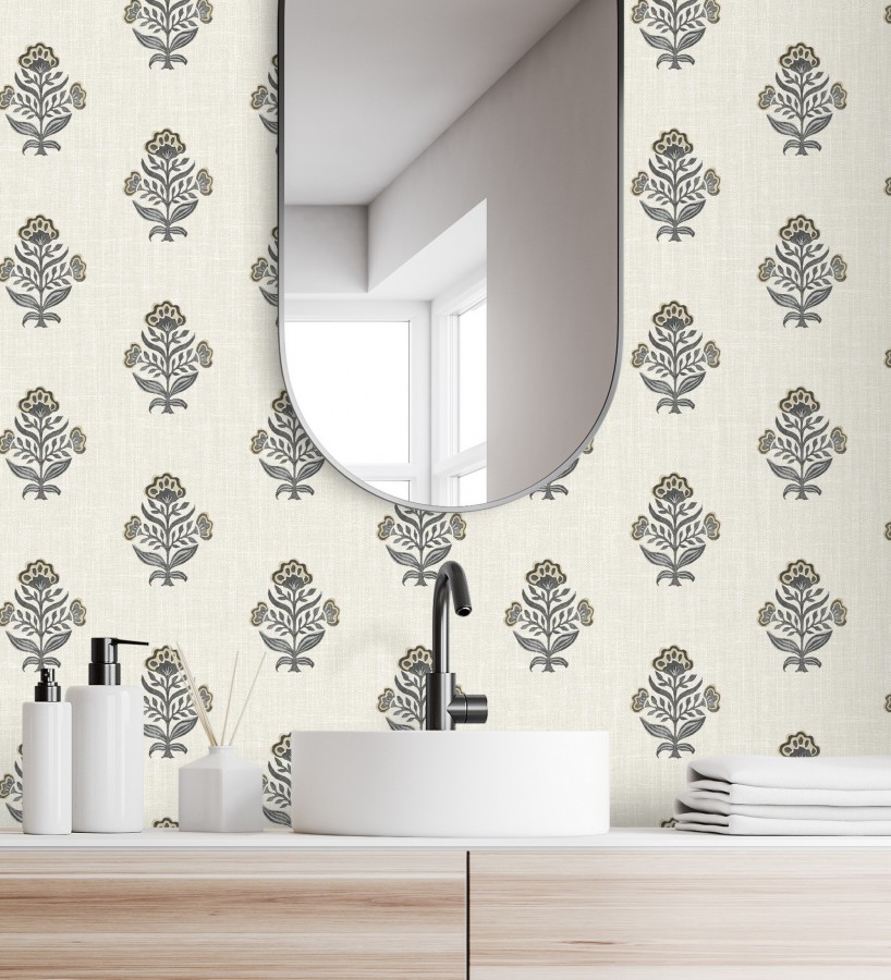 Papel pintado patrón con flores beige fondo lino texturizado  Hawthorne Sprig 684271