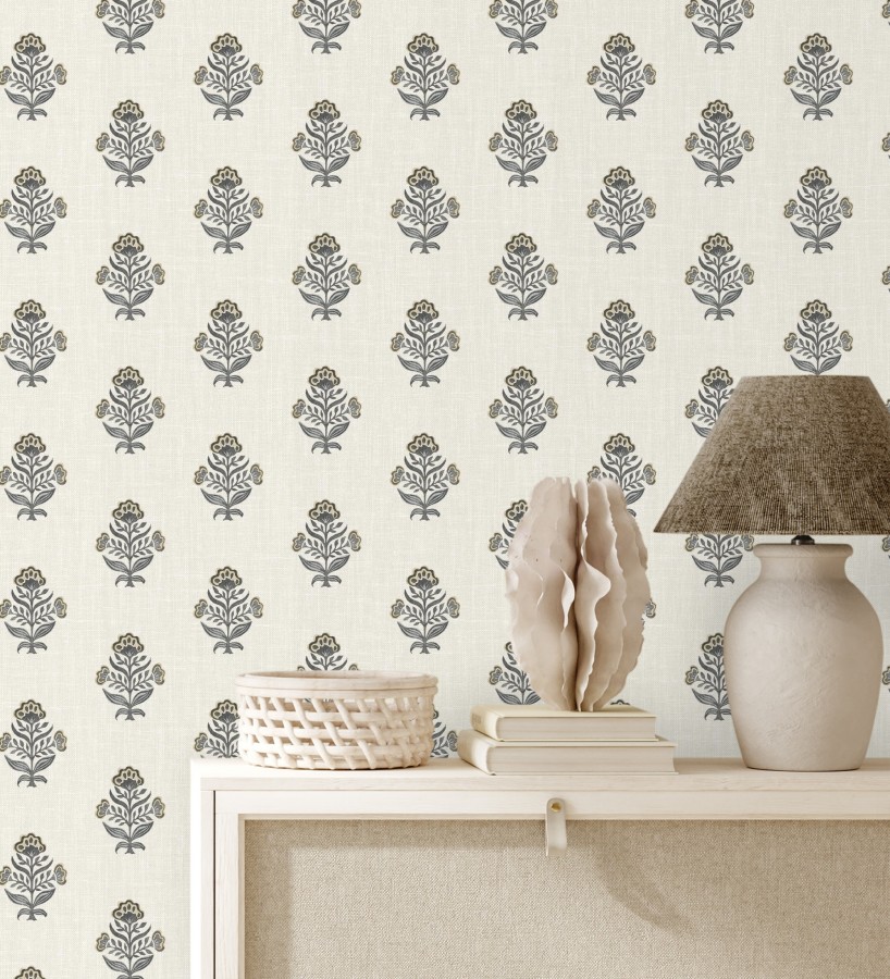 Papel pintado patrón con flores beige fondo lino texturizado  Hawthorne Sprig 684271