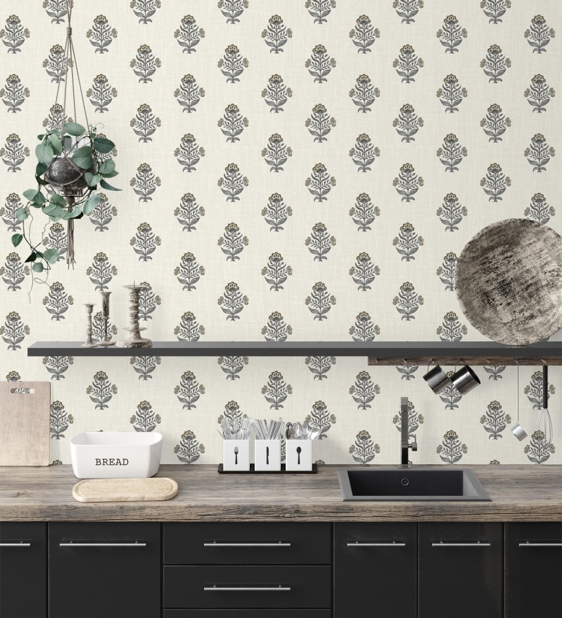 Papel pintado patrón con flores beige fondo lino texturizado  Hawthorne Sprig 684271