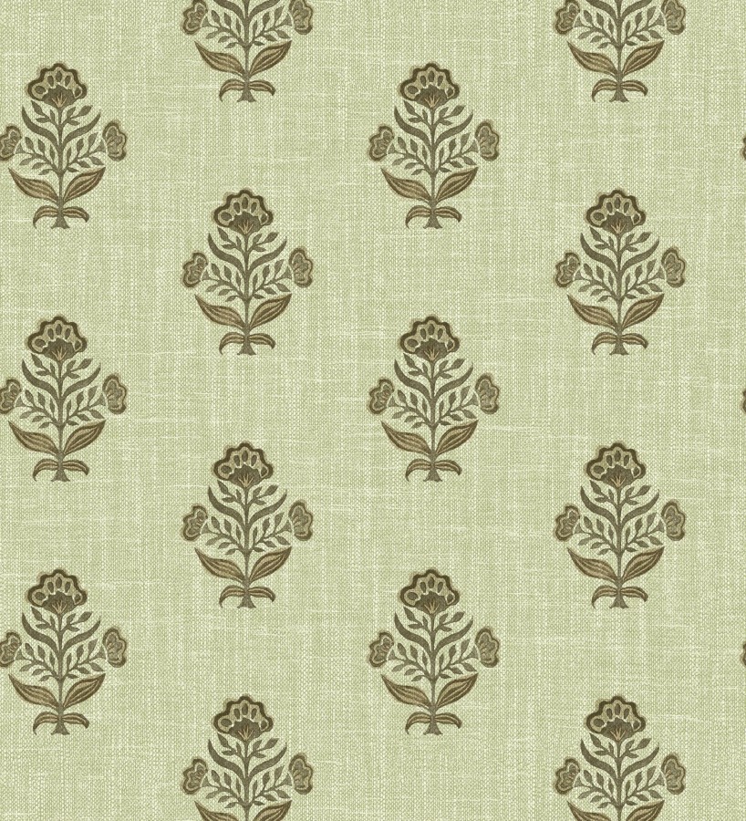 Papel pintado patrón con flores verde fondo lino texturizado verde  Hawthorne Sprig 684272
