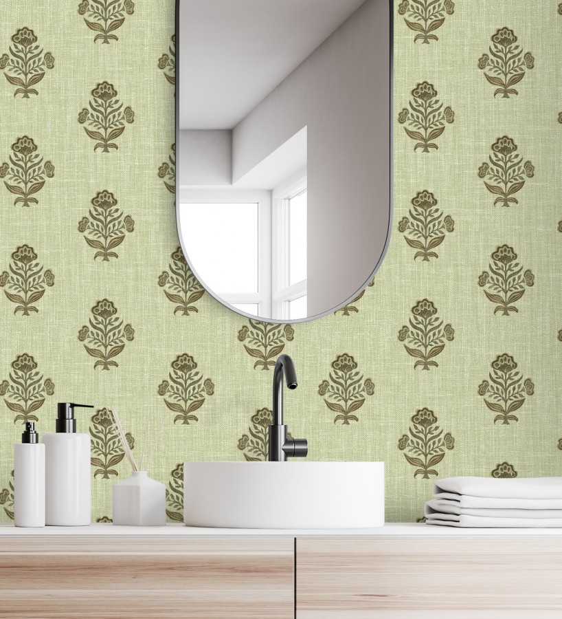 Papel pintado patrón con flores verde fondo lino texturizado verde  Hawthorne Sprig 684272