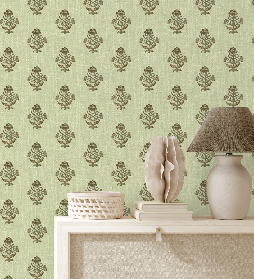 Papel pintado patrón con flores verde fondo lino texturizado verde  Hawthorne Sprig 684272