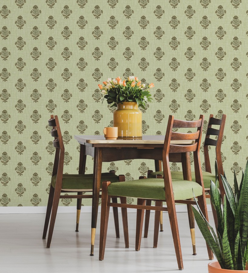 Papel pintado patrón con flores verde fondo lino texturizado verde  Hawthorne Sprig 684272