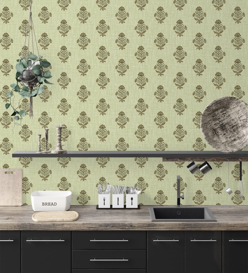 Papel pintado patrón con flores verde fondo lino texturizado verde  Hawthorne Sprig 684272