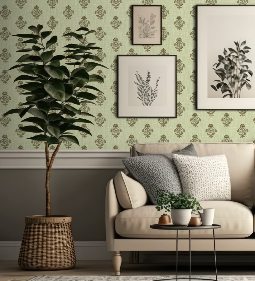 Papel pintado patrón con flores verde fondo lino texturizado verde  Hawthorne Sprig 684272