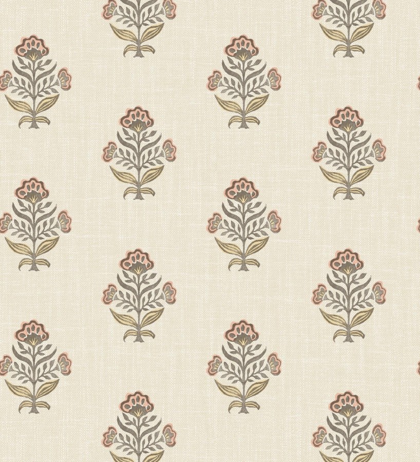 Papel pintado patrón con flores coral fondo lino texturizado  Hawthorne Sprig 684273
