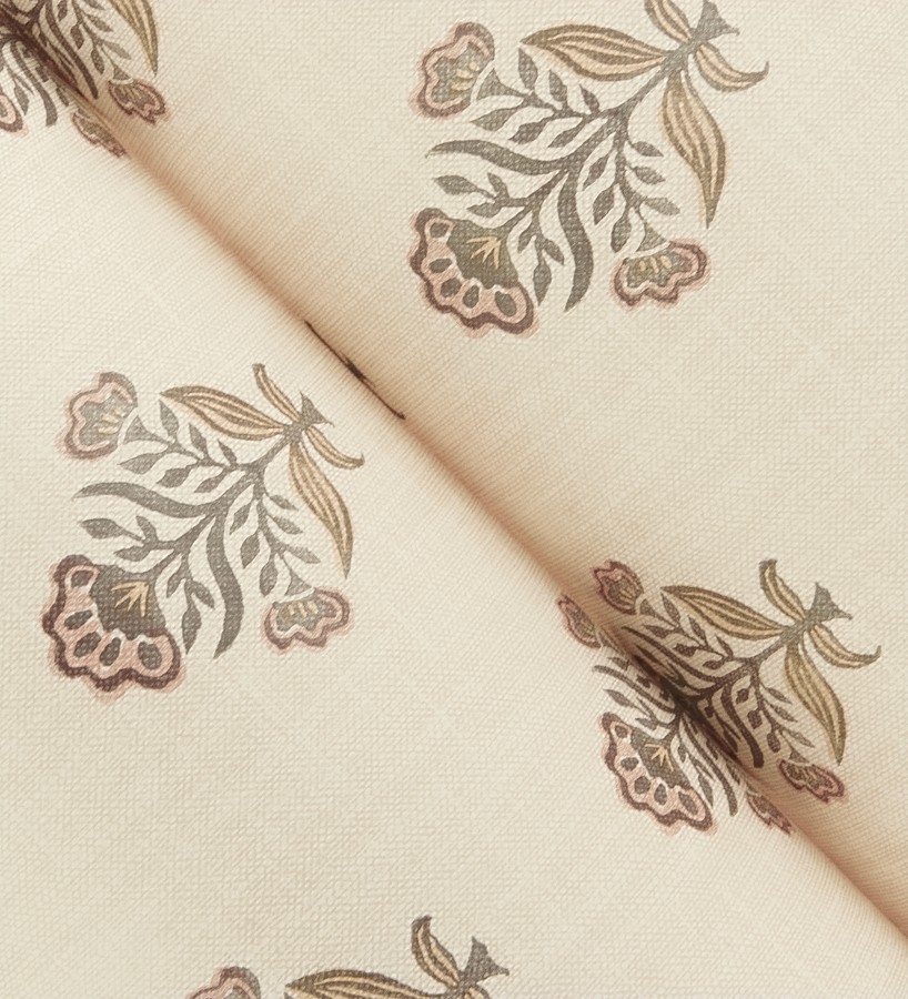 Papel pintado patrón con flores coral fondo lino texturizado  Hawthorne Sprig 684273