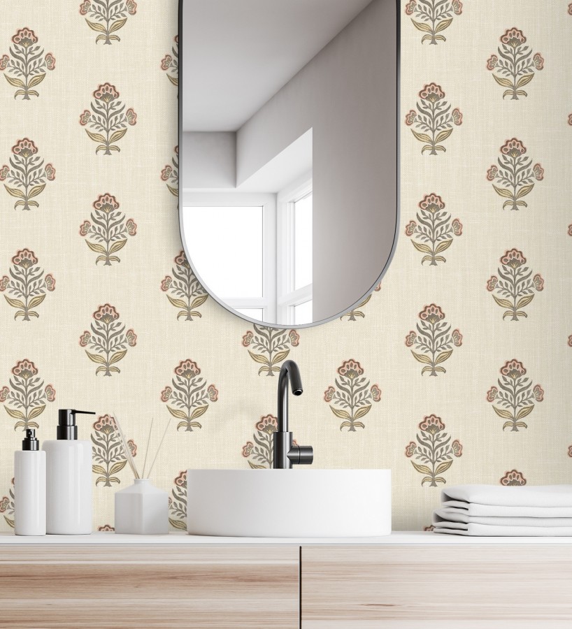 Papel pintado patrón con flores coral fondo lino texturizado  Hawthorne Sprig 684273