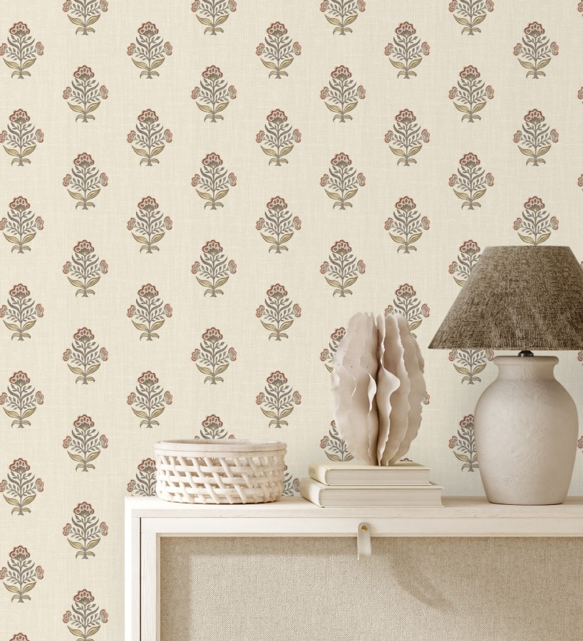 Papel pintado patrón con flores coral fondo lino texturizado  Hawthorne Sprig 684273