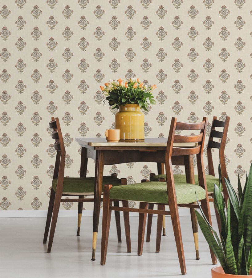 Papel pintado patrón con flores coral fondo lino texturizado  Hawthorne Sprig 684273
