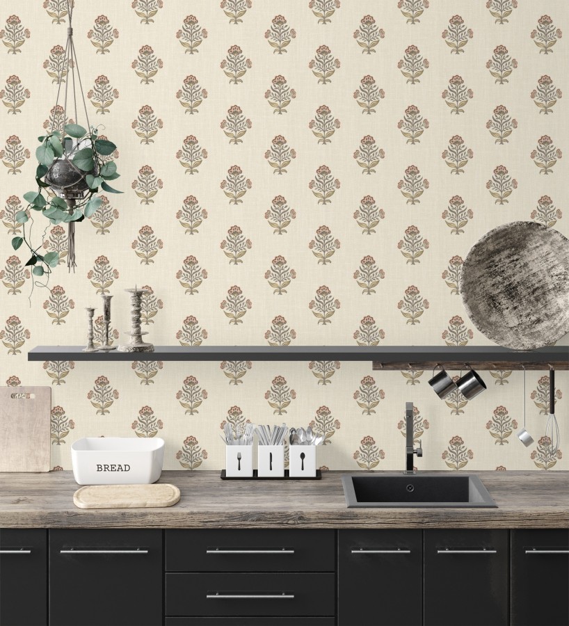 Papel pintado patrón con flores coral fondo lino texturizado  Hawthorne Sprig 684273